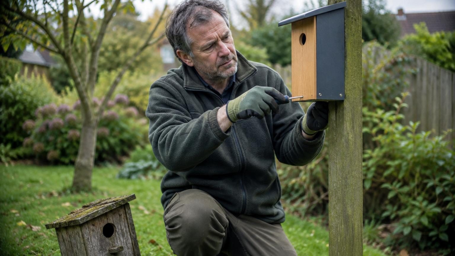 Nichoir en bois brut posé dans un jardin avec des oiseaux s'approchant, contraste avec des nichoirs colorés en plastique en arrière-plan