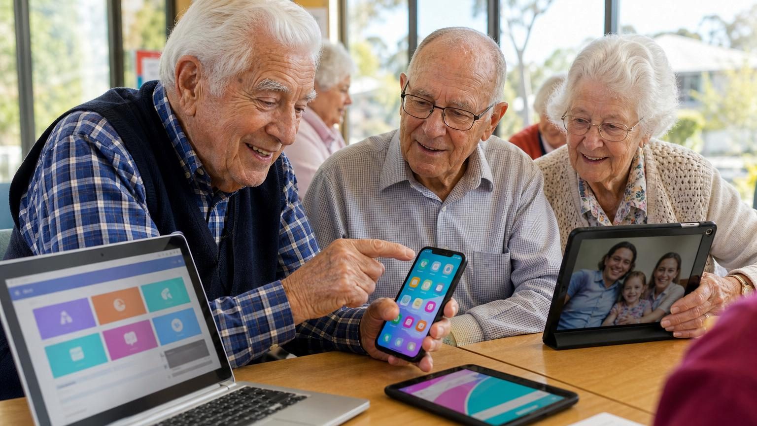 Dean Simes, homme âgé de 102 ans, assis à un ordinateur en train d'expliquer l'interface numérique à une autre personne âgée attentive lors d'une séance de formation