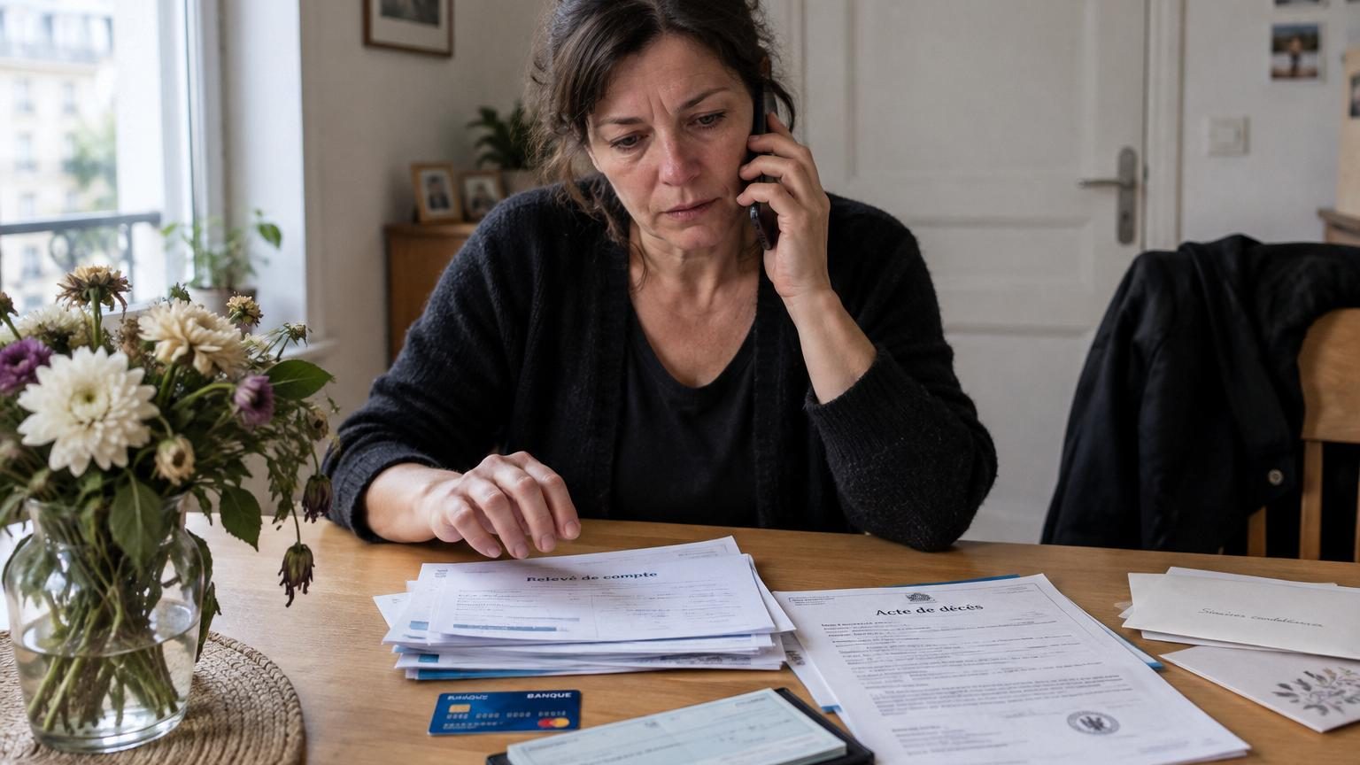 Table basse avec faire-part froissés, livret de messe, dossier transparent contenant relevés bancaires, chéquier et carte bleue désactivée