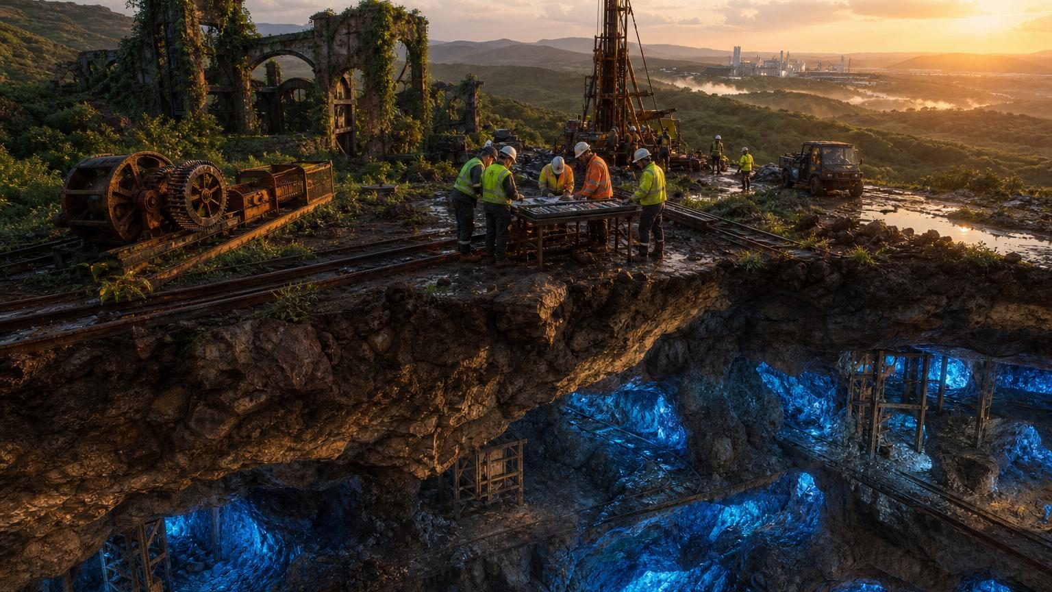 Vue aérienne d'une ancienne mine abandonnée avec des bâtiments envahis par la végétation, des rails rouillés et une nature reprenant ses droits sur un site industriel désaffecté.