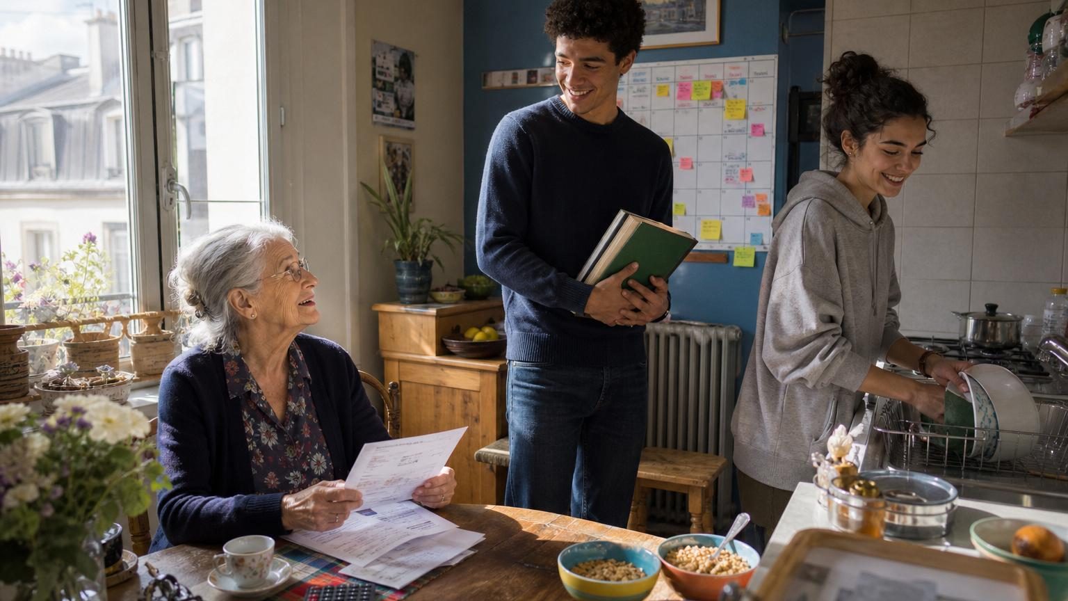 Denise, 81 ans, retraitée, sourit devant son réfrigérateur partagé avec deux étudiants qui vivent chez elle pour compléter sa pension insuffisante.