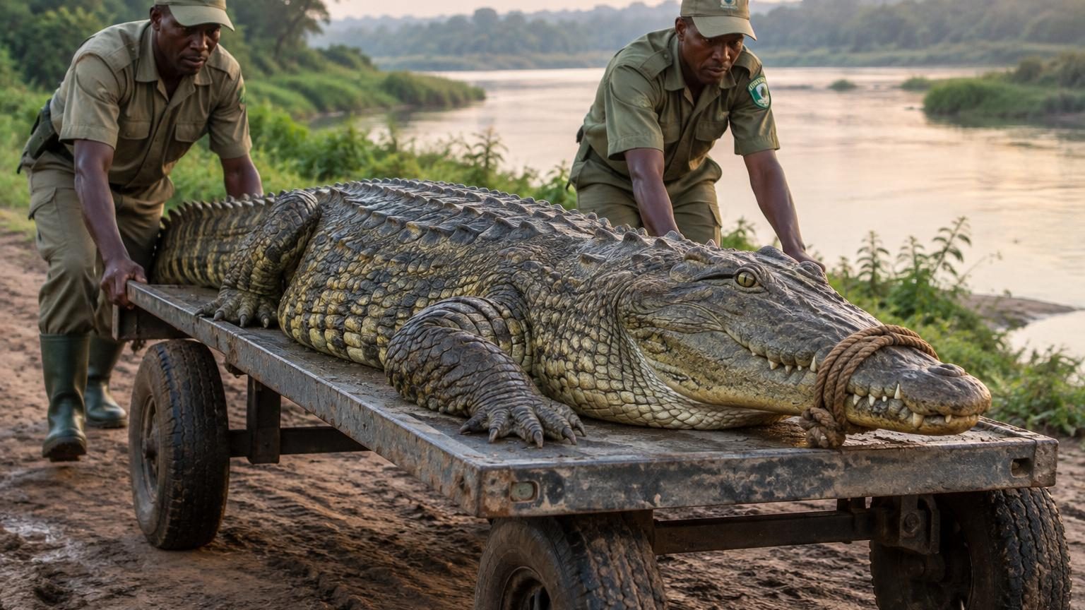Un crocodile marin aquatique dans son habitat naturel de mangroves, équipé d'une balise satellite pour le suivi scientifique de ses déplacements.