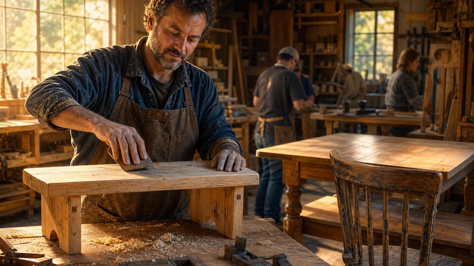 Un homme dans un atelier de menuiserie travaille une planche de bois avec un rabot, concentré et les mains occupées.