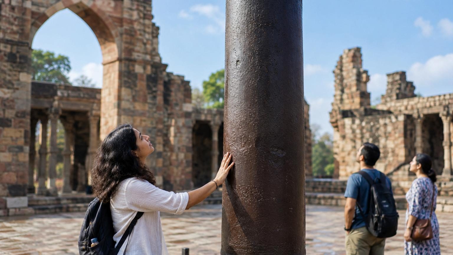 Gigantesque pilier de fer droit et massif de couleur gris foncé, exposé dans une cour, sans signes apparents de rouille malgré son ancienneté millénaire