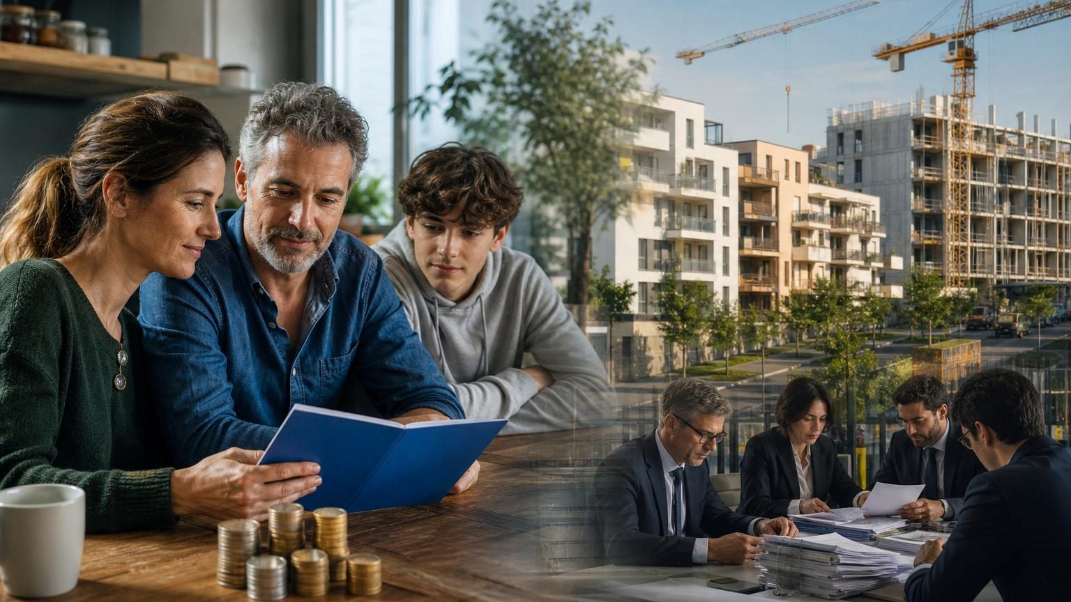 Illustration montrant un livret A blanc et bleu classique posé sur un bureau avec des billets, des pièces de monnaie et des documents financiers