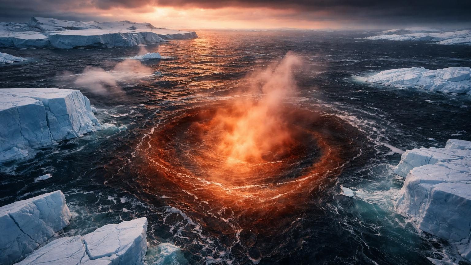 Vue de l'océan Austral avec des icebergs et pack ice autour de l'Antarctique, symbolisant la région climatique cruciale décrite dans l'étude