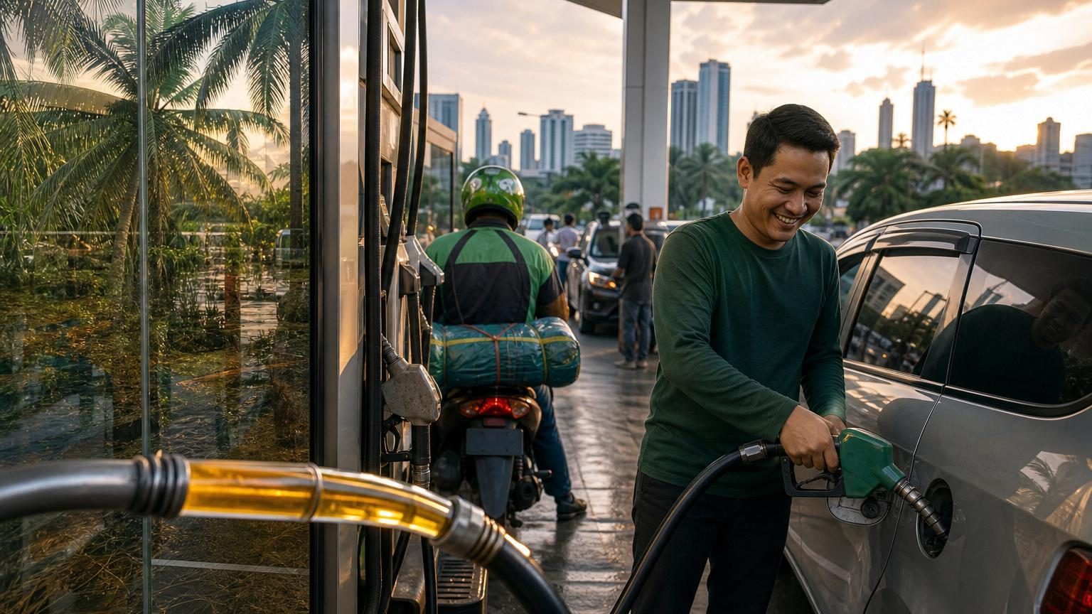 Station-service à Jakarta affichant des prix de carburant B50 à base d'huile de palme sur les pompes