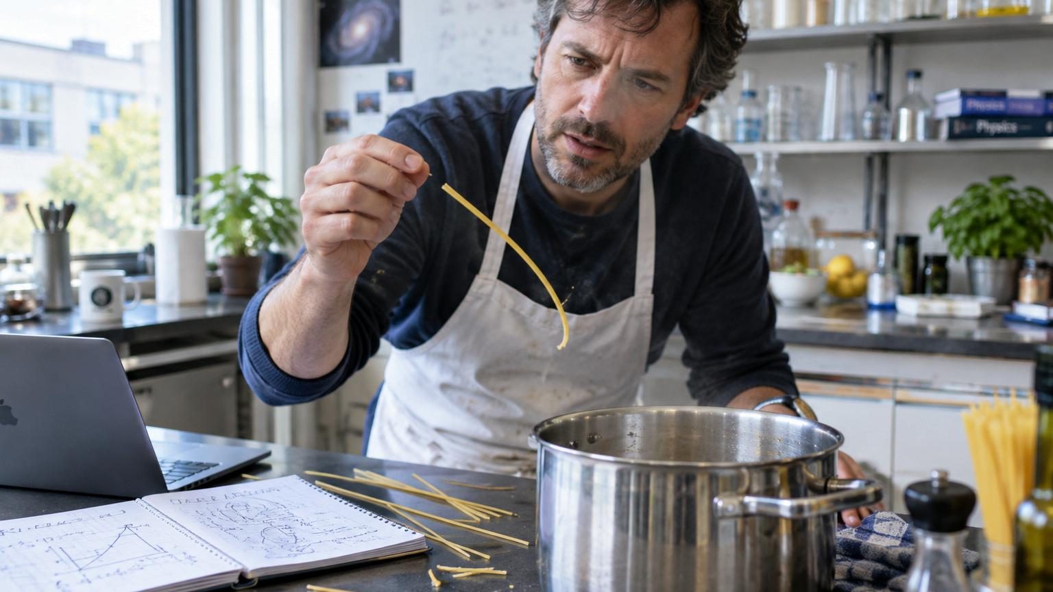 Gros plan sur un spaghetti sec se cassant en plusieurs fragments lors d'une flexion entre deux doigts, illustrant la cascade de ruptures successives.