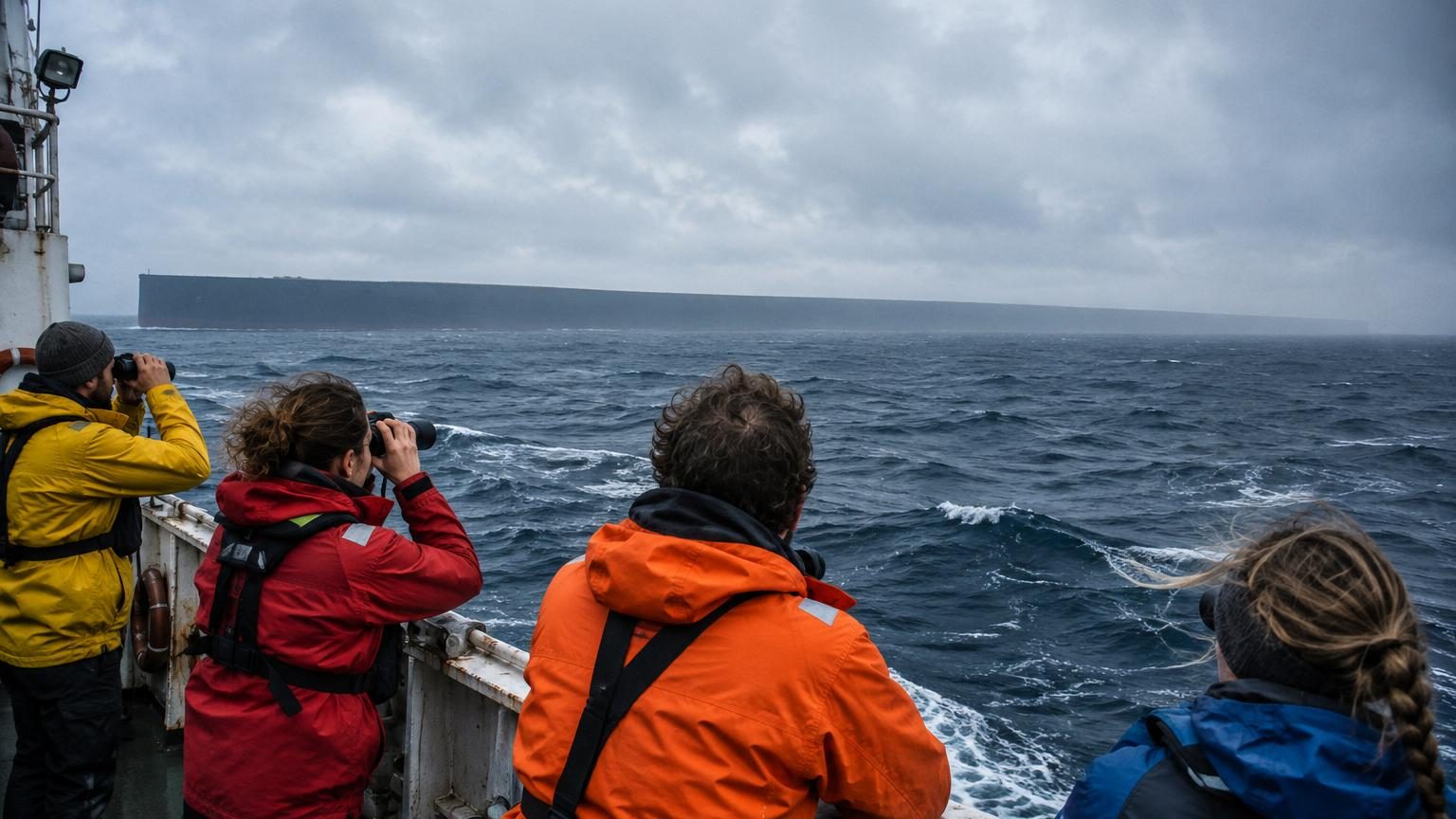 Vue aérienne d'un navire gris ultra-long de 1 600 mètres flottant seul sur l'océan, ressemblant à une cicatrice sombre qui s'étire à l'horizon, avec des vagues légères le long de sa coque interminable.