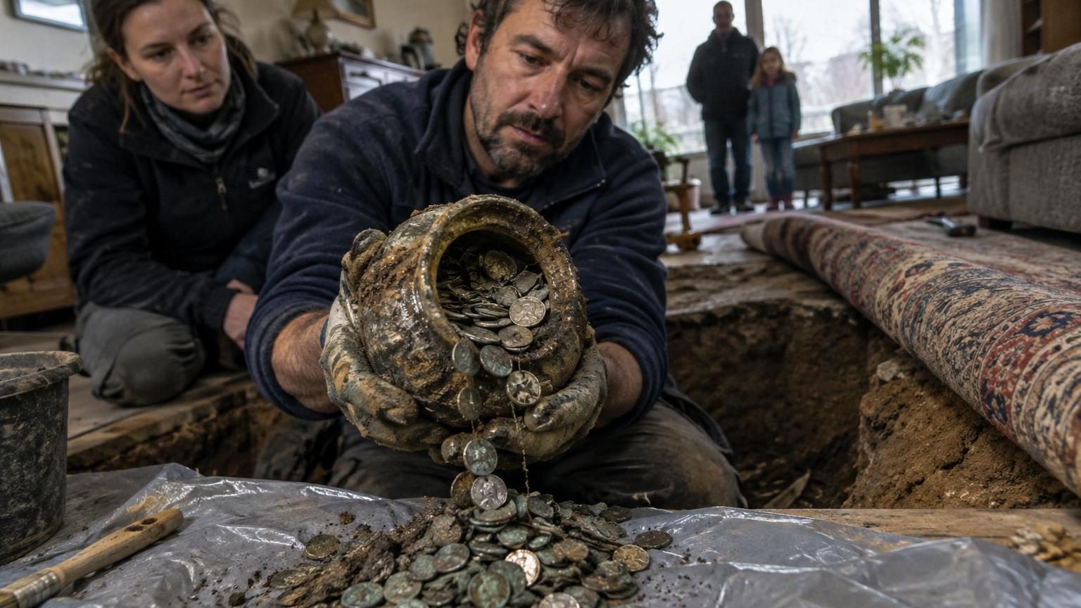 Un bocal romain rempli de milliers de pièces de monnaie ancienne émerge de la terre sous un salon, entouré d'outils archéologiques et de bâches blanches.
