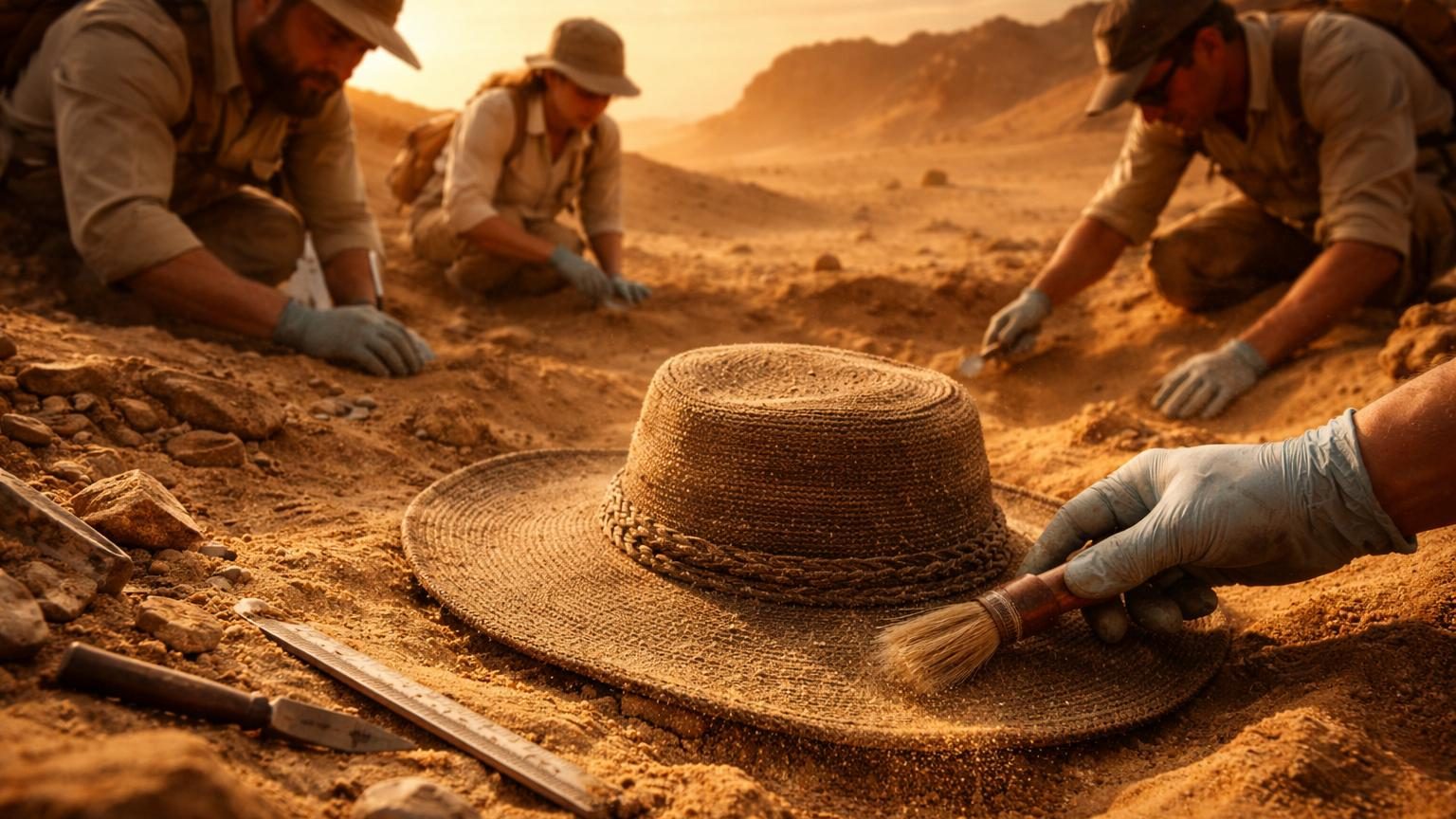 Chapeau textile romain à large bord découvert dans le désert égyptien, objet archéologique vieux de 1 600 ans préservé par la sécheresse.