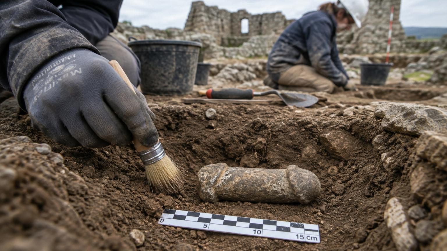 Phallus de pierre sculptée de 15 centimètres avec stries d'usure, posé sur fond archéologique neutre