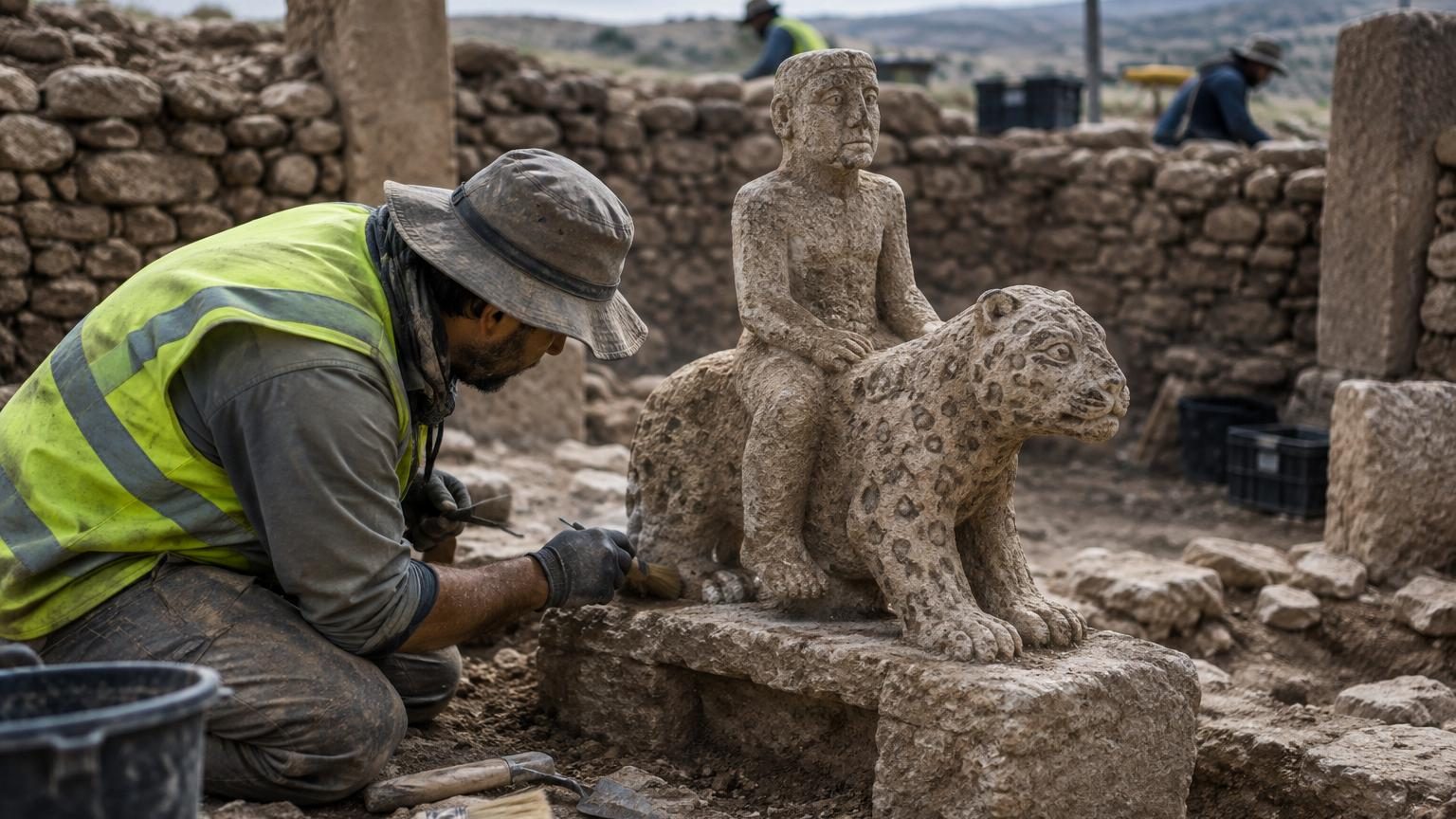 Des archéologues exhument une sculpture vieille de 11 000 ans : un homme chevauchant un léopard, témoin d'un monde de croyances oublié
