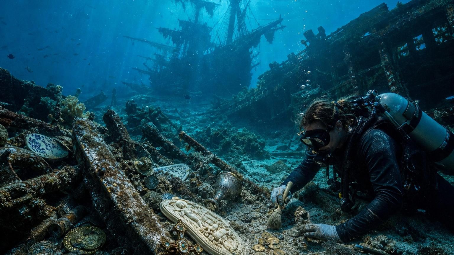Épave sous-marine du Nossa Senhora do Cabo avec débris dispersés sur le fond marin, pièces d'or et artefacts historiques du XVIIIe siècle visibles parmi les sédiments.