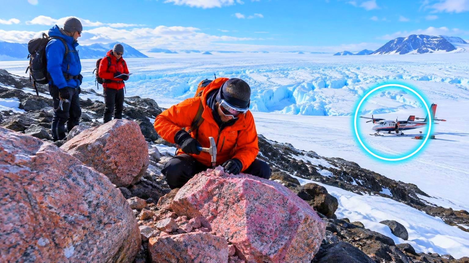 Blocs de granit rose lumineux éparpillés sur des pics volcaniques sombres en Antarctique, contrastant avec le paysage basaltique environnant.