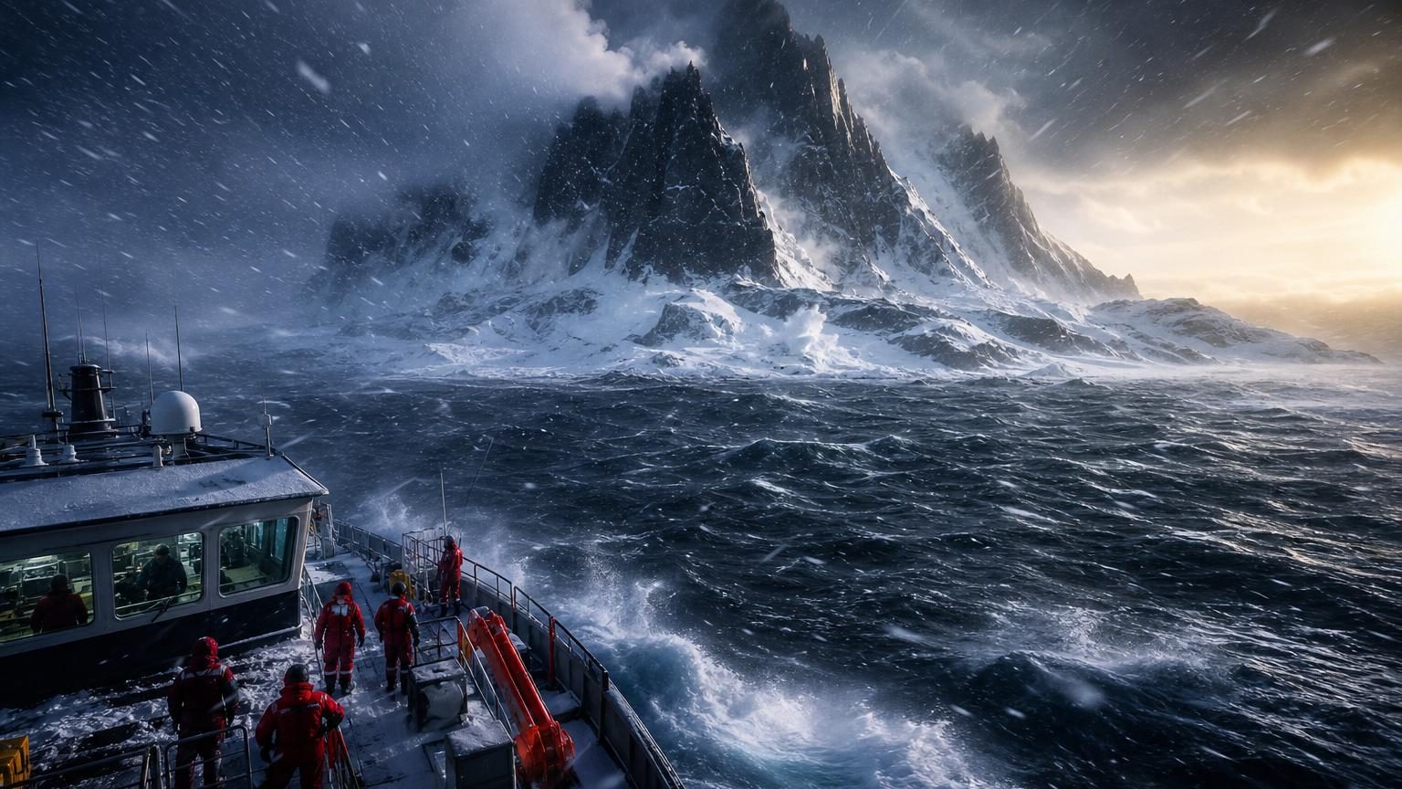 Chercheurs à bord d'un navire en Antarctique observant une silhouette rocheuse émergeant du brouillard et de la glace lors d'une tempête