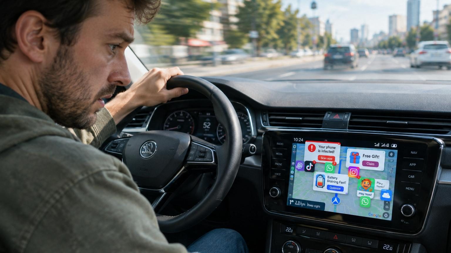 Écran tactile de voiture Android affichant une interface de divertissement, avec en arrière-plan un paysage de route et les éléments numériques d'une attaque de cybersécurité.