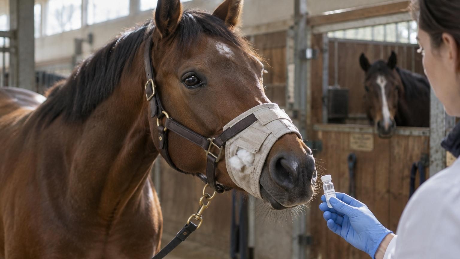 Chevaux dans une expérience scientifique portant une muselière spécialisée pour sentir des tampons imbibés de sueur humaine