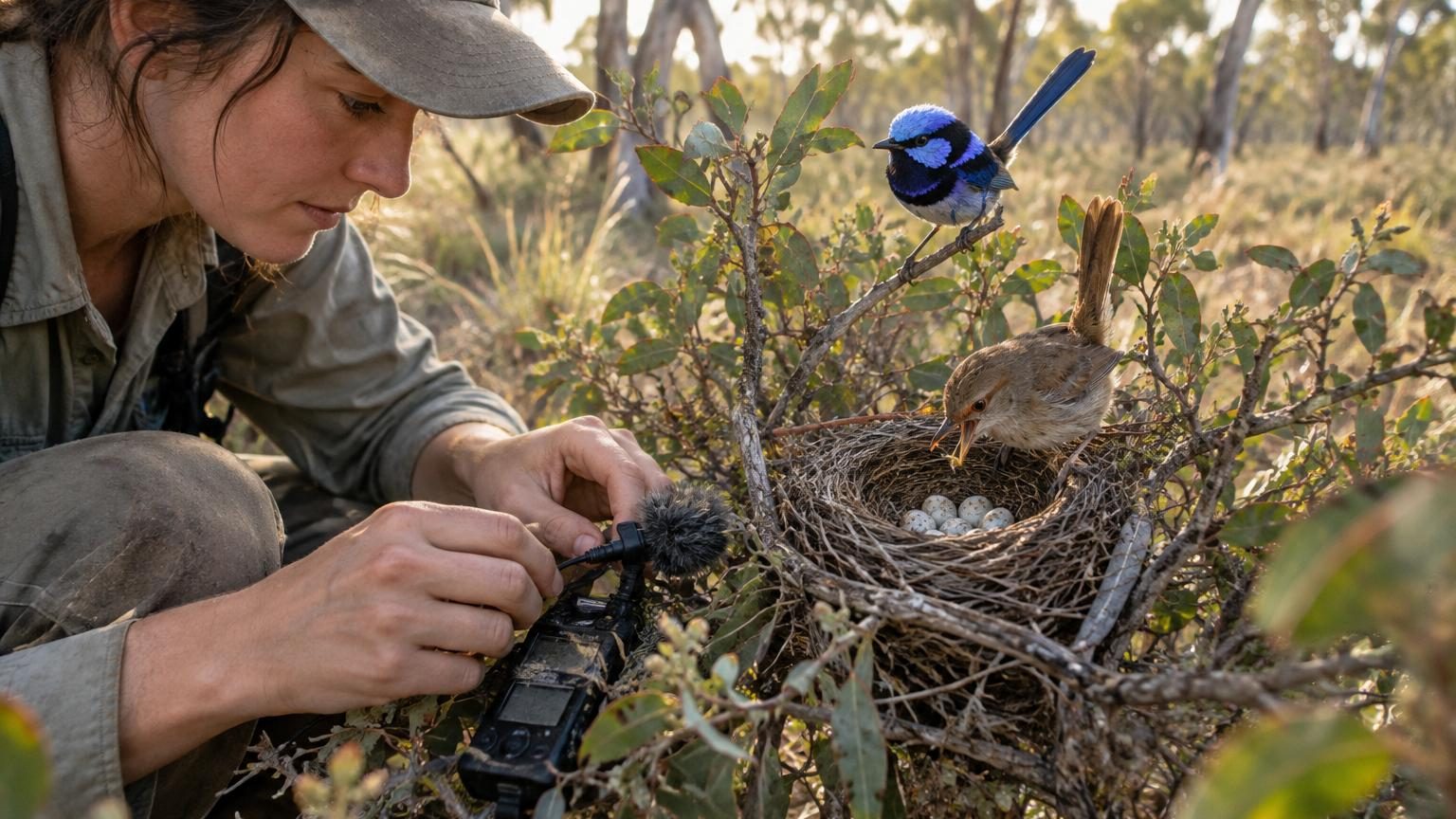 Femelle oiseau colorée chantant près d'un nid contenant des œufs, illustration scientifique de transmission vocale prénatale.