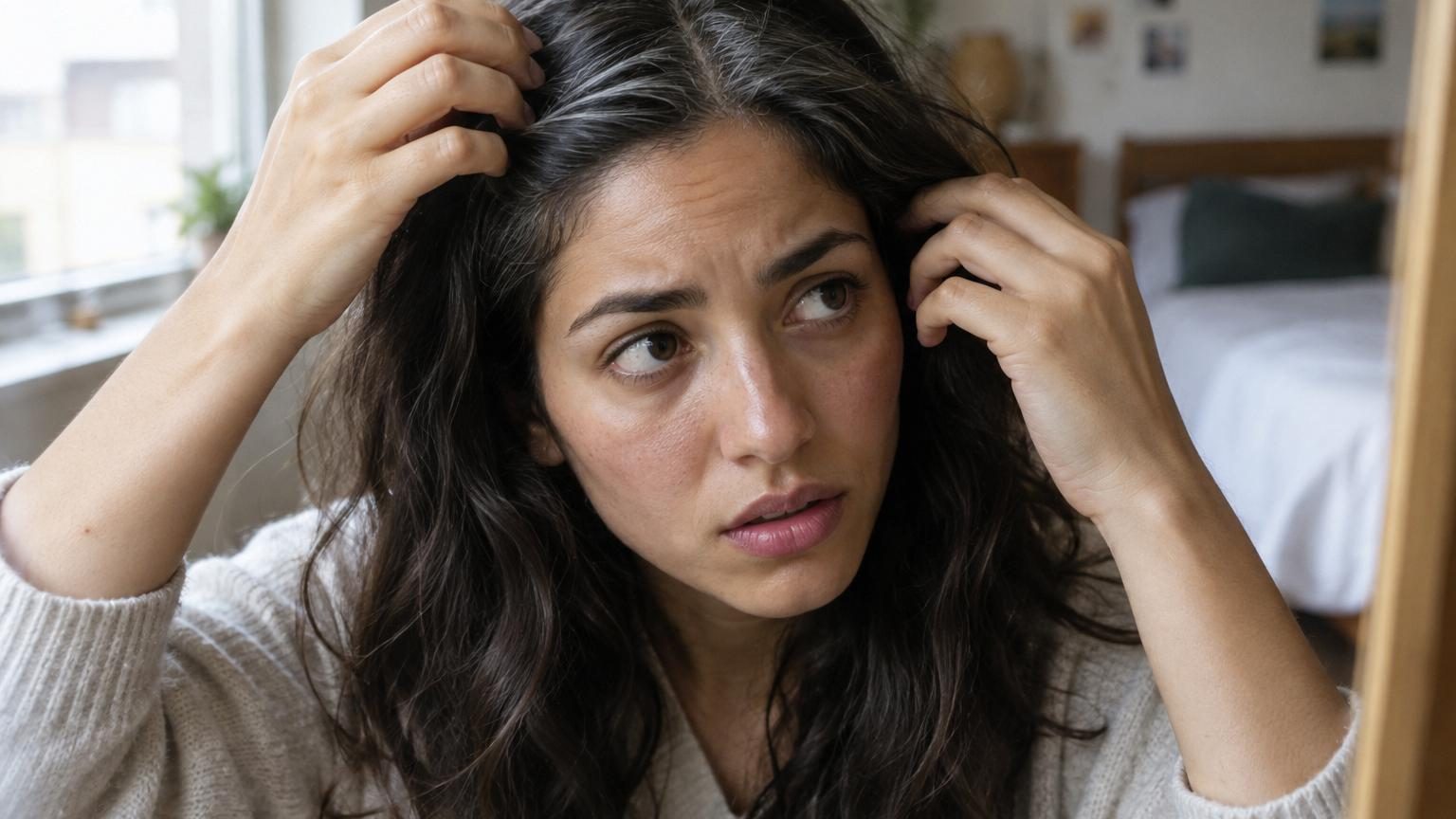 Jeune adulte examinant ses premiers cheveux blancs dans le miroir, le visage reflétant une expression de préoccupation ou de questionnement.