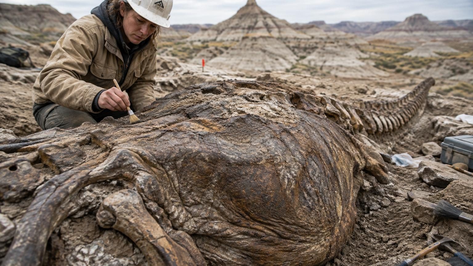 Paléontologues travaillant minutieusement sur un dinosaure momifié retrouvé dans une carrière, révélant la silhouette d'un hadrosaure avec sa peau fossilisée et ses muscles visibles.