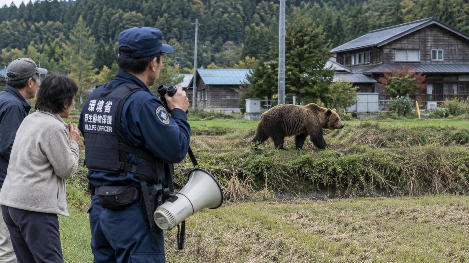 Ours noir d'Asie dans une forêt sombre et nuageuse du nord du Japon, illustrant les conditions climatiques qui réduisent la nourriture disponible.