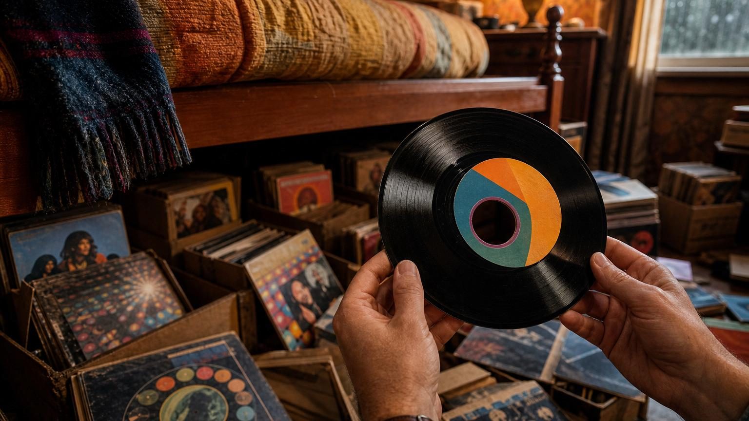 Des vinyles des années 70 empilés dans une pile, avec des pochettes fatiguées et des étiquettes, dont certaines légèrement décalées ou présentant des anomalies de fabrication.