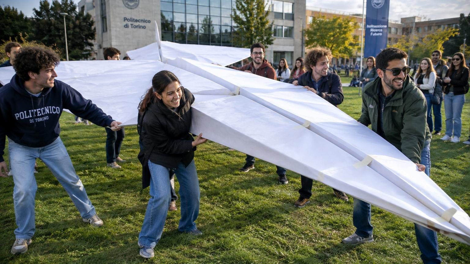 Avion en papier géant de 20 mètres d'envergure lancé depuis une plateforme surélevée au-dessus d'une foule dans un hall d'exposition
