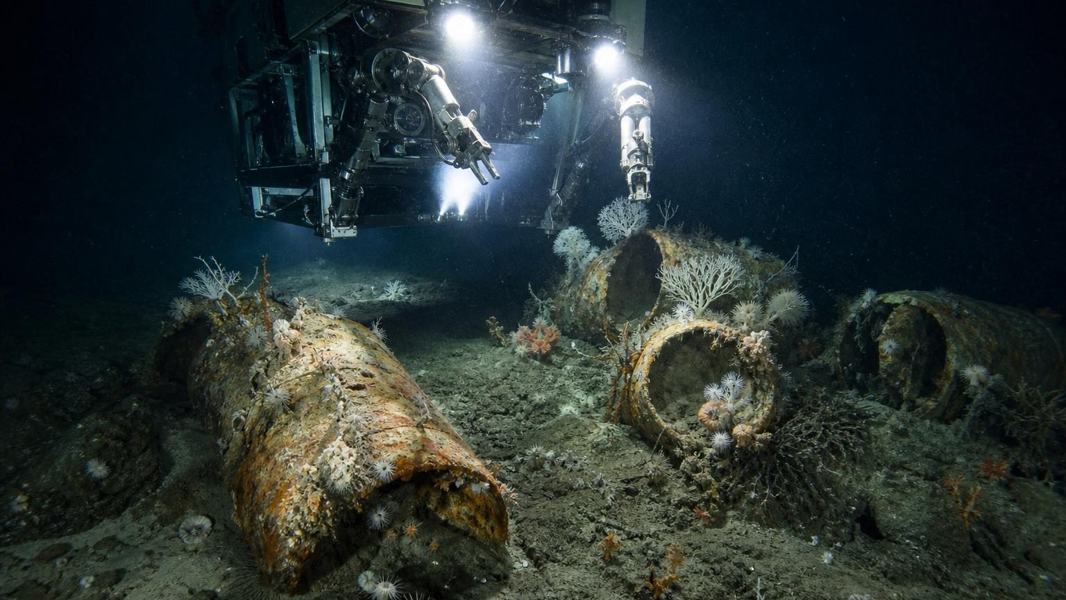 Robot sous-marin filmant un cylindre rongé par la corrosion couché dans les sédiments gris à 4 000 mètres de fond, entouré d'éponges et d'organismes marins