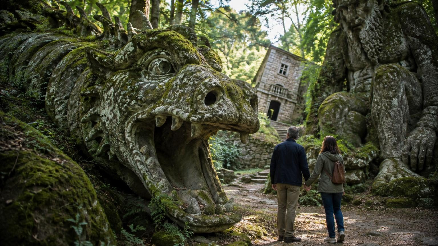 Sculptures monumentales de créatures mythologiques et monstrueuses taillées dans la roche d'un parc forestier italien, avec une maison penchée au milieu de la végétation luxuriante.