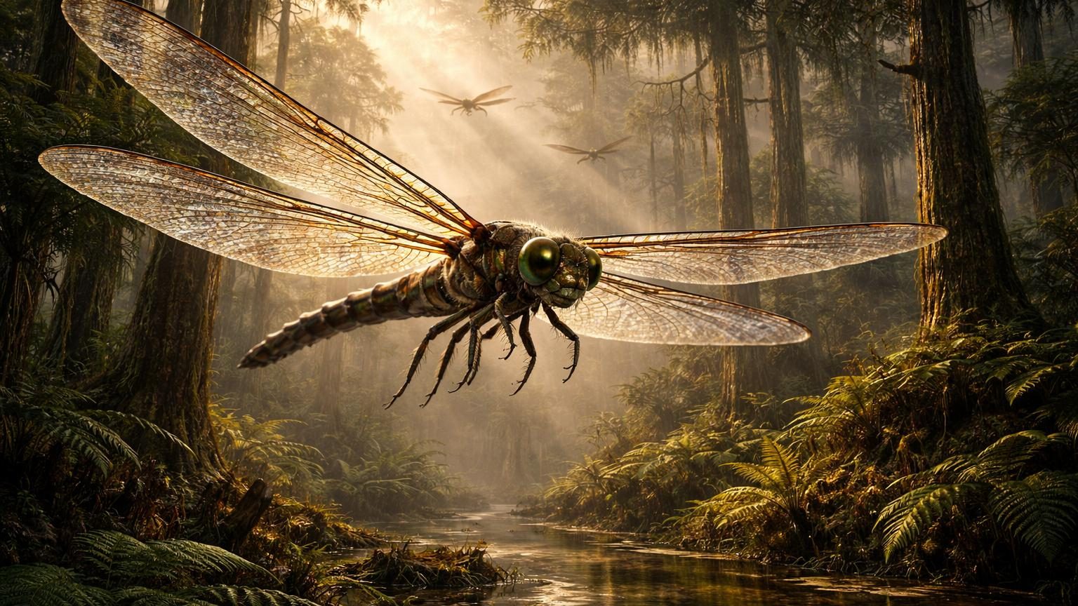 Illustration d'un grand insecte préhistorique ressemblant à une libellule, aux ailes largement déployées survolant un marécage dense du Carbonifère.