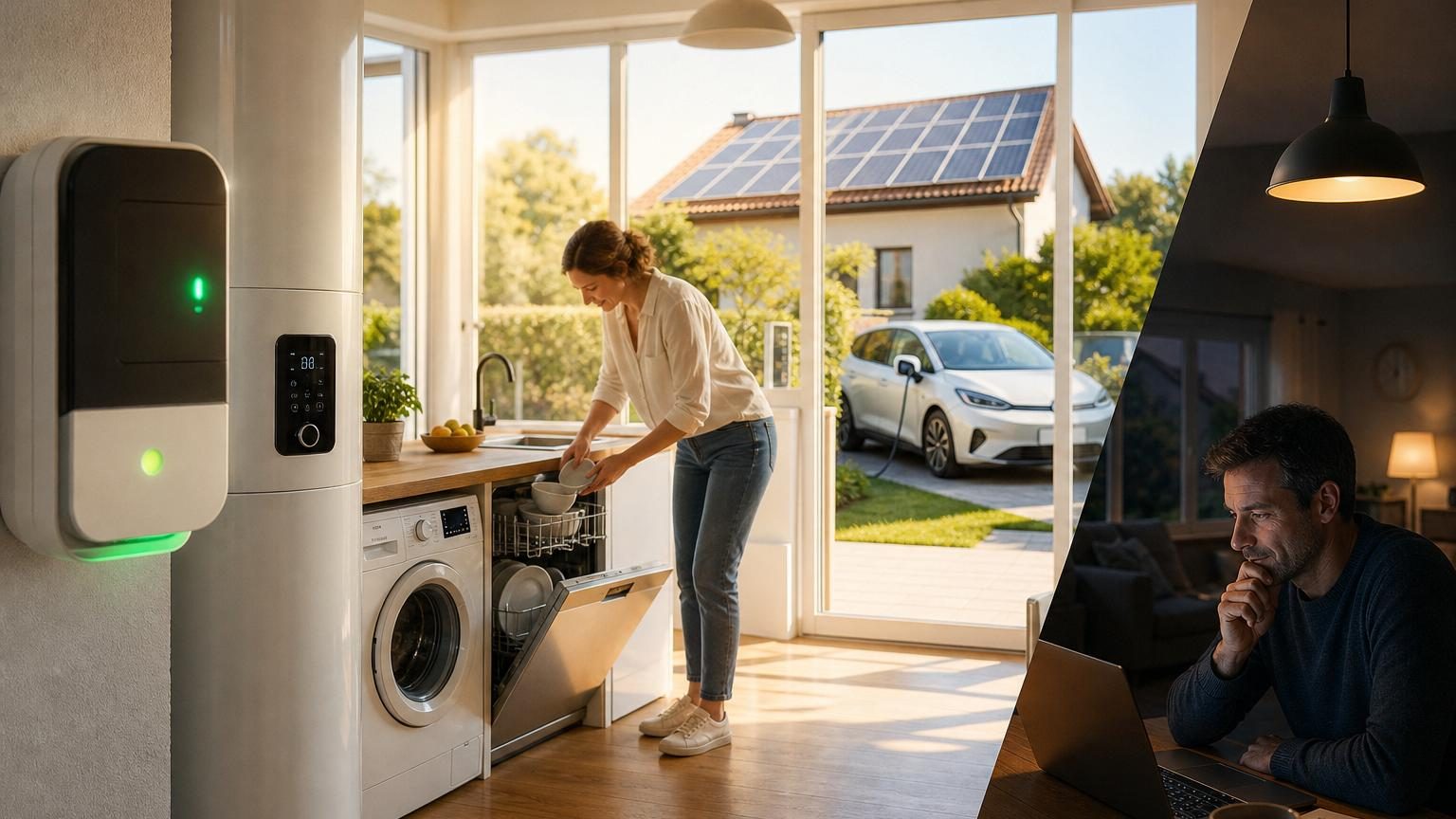 Écran de compteur électrique communicant affichant les horaires tarifaires, avec panneaux solaires produisant de l'électricité en journée en arrière-plan