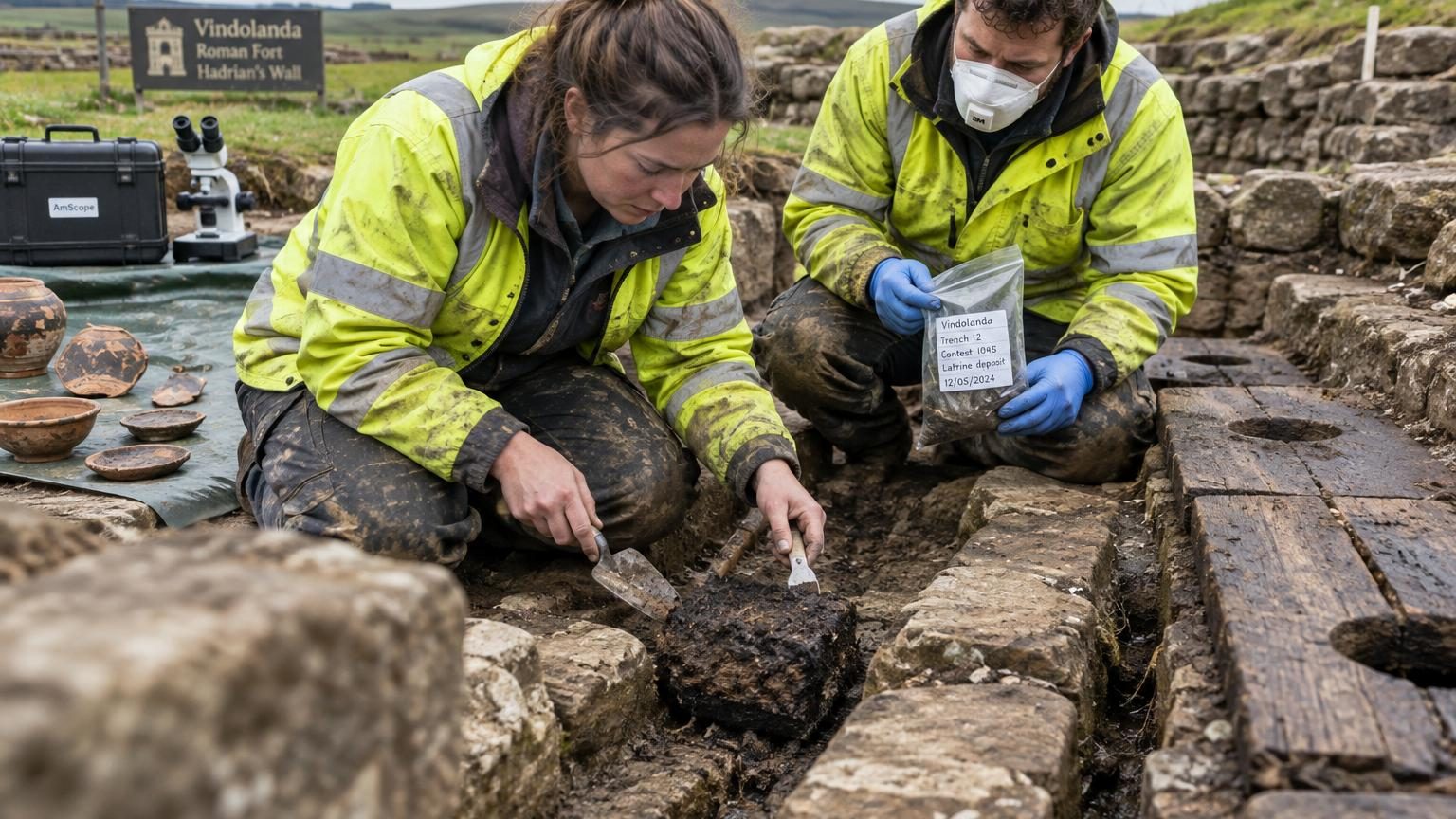 Archéologues équipés de masques et de microscopes analysant d'anciens blocs compactés de latrines, découvrant les secrets de la santé intestinale des soldats romains du mur d'Hadrien.