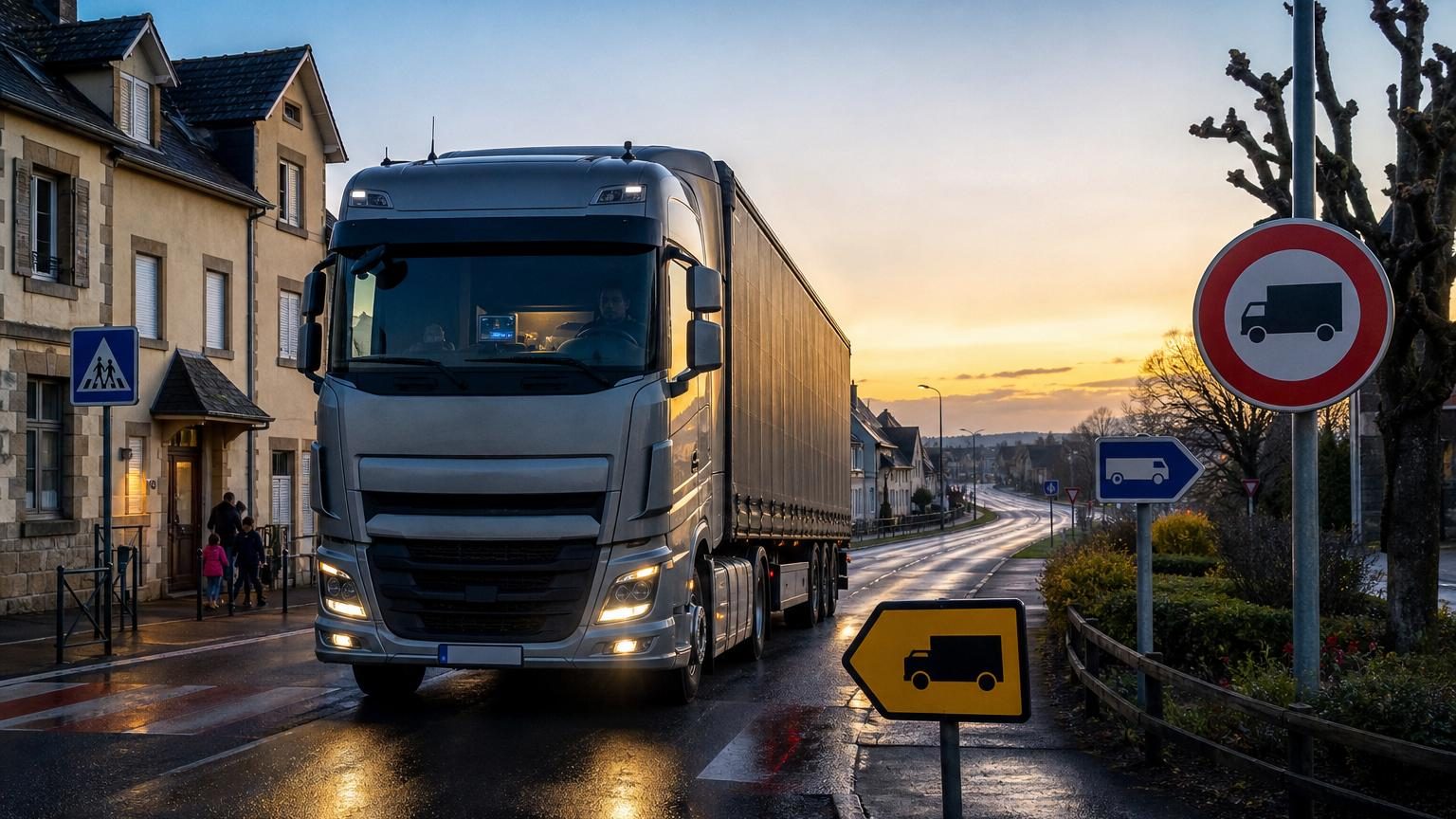 Route départementale humide au petit matin avec deux poids lourds en file, phares et écrans de navigation allumés, symbolisant la circulation des camions avant les changements d'itinéraires du 1er juin 2026