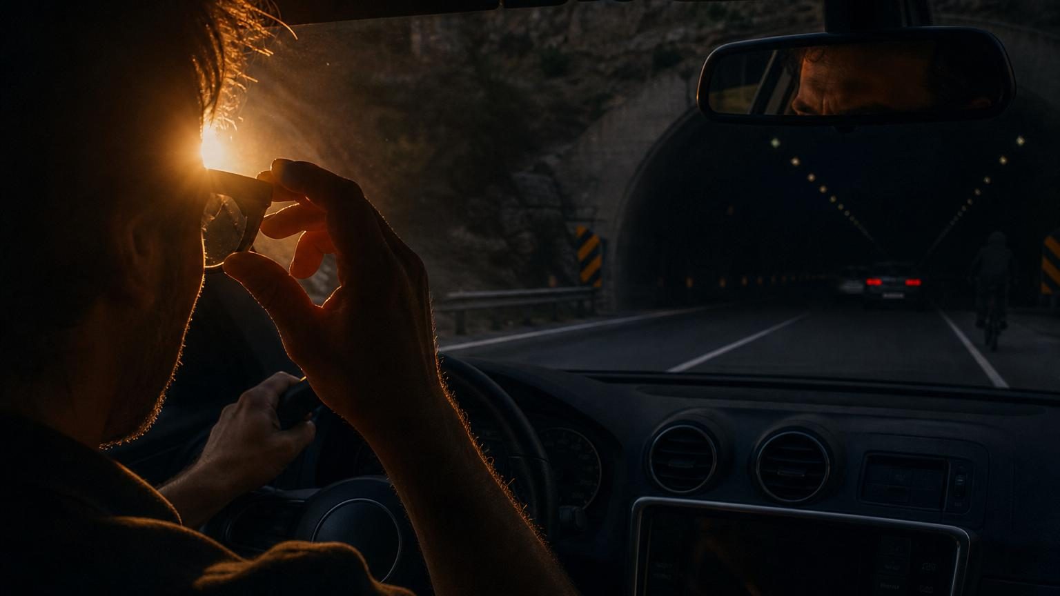 Conducteur portant des lunettes de soleil à l'entrée d'un tunnel sombre, illustrant le contraste entre la luminosité extérieure et l'obscurité subite du passage souterrain.