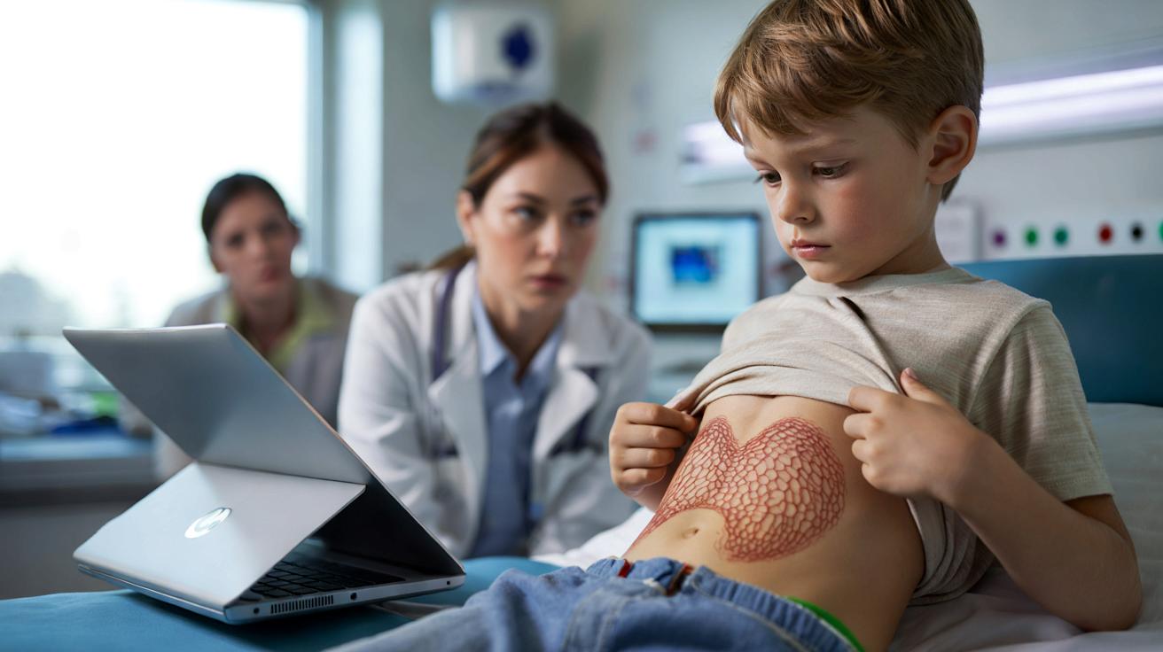 Enfant allongé avec un ordinateur portable posé directement sur son abdomen, montrant des marques rouges-brunes en motif de maille sur la peau.