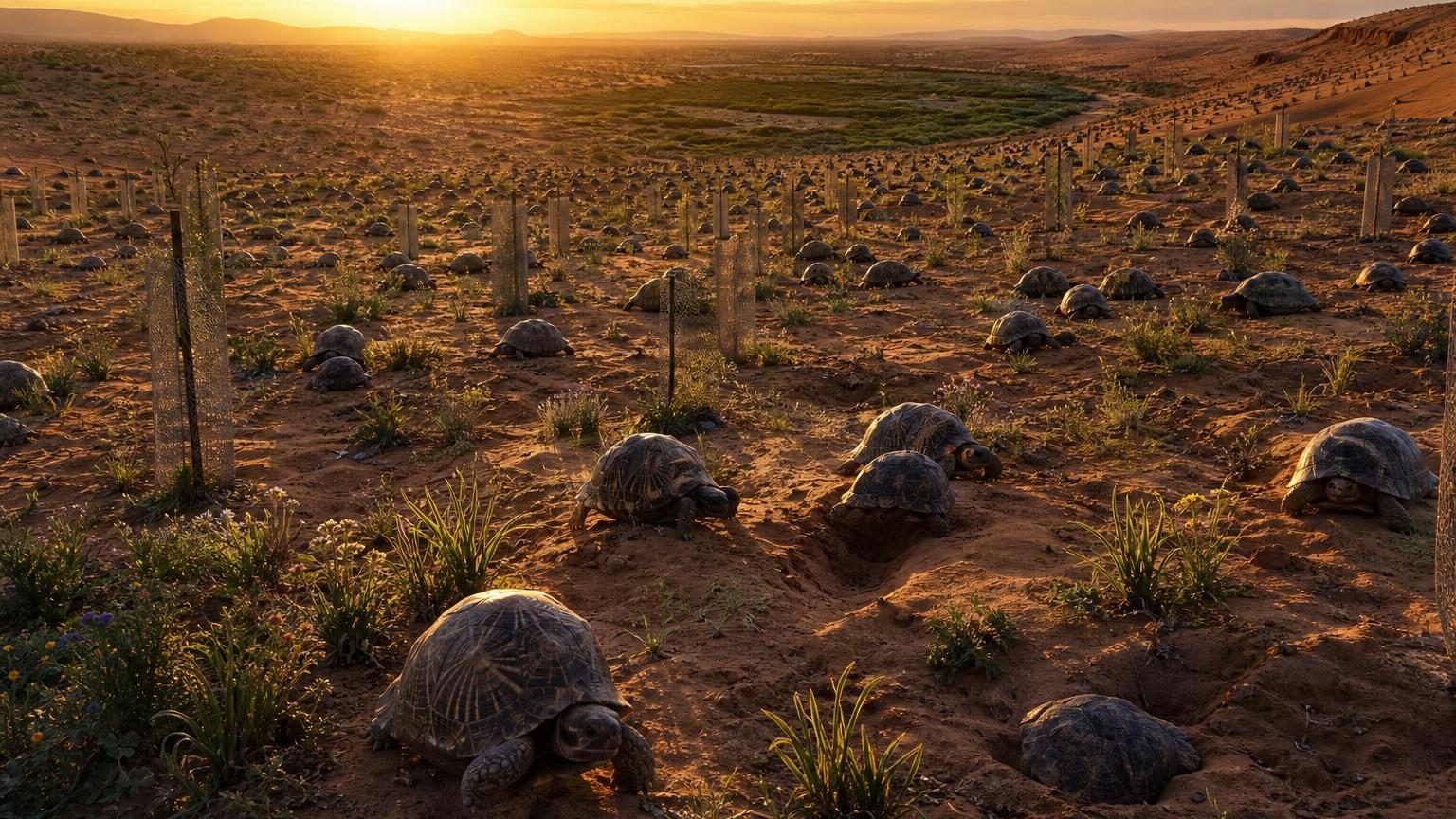 Tortues avançant lentement sur un sol désertique parsemé de jeunes arbres desséchés, avec des traces de végétation émergente visible au sol.