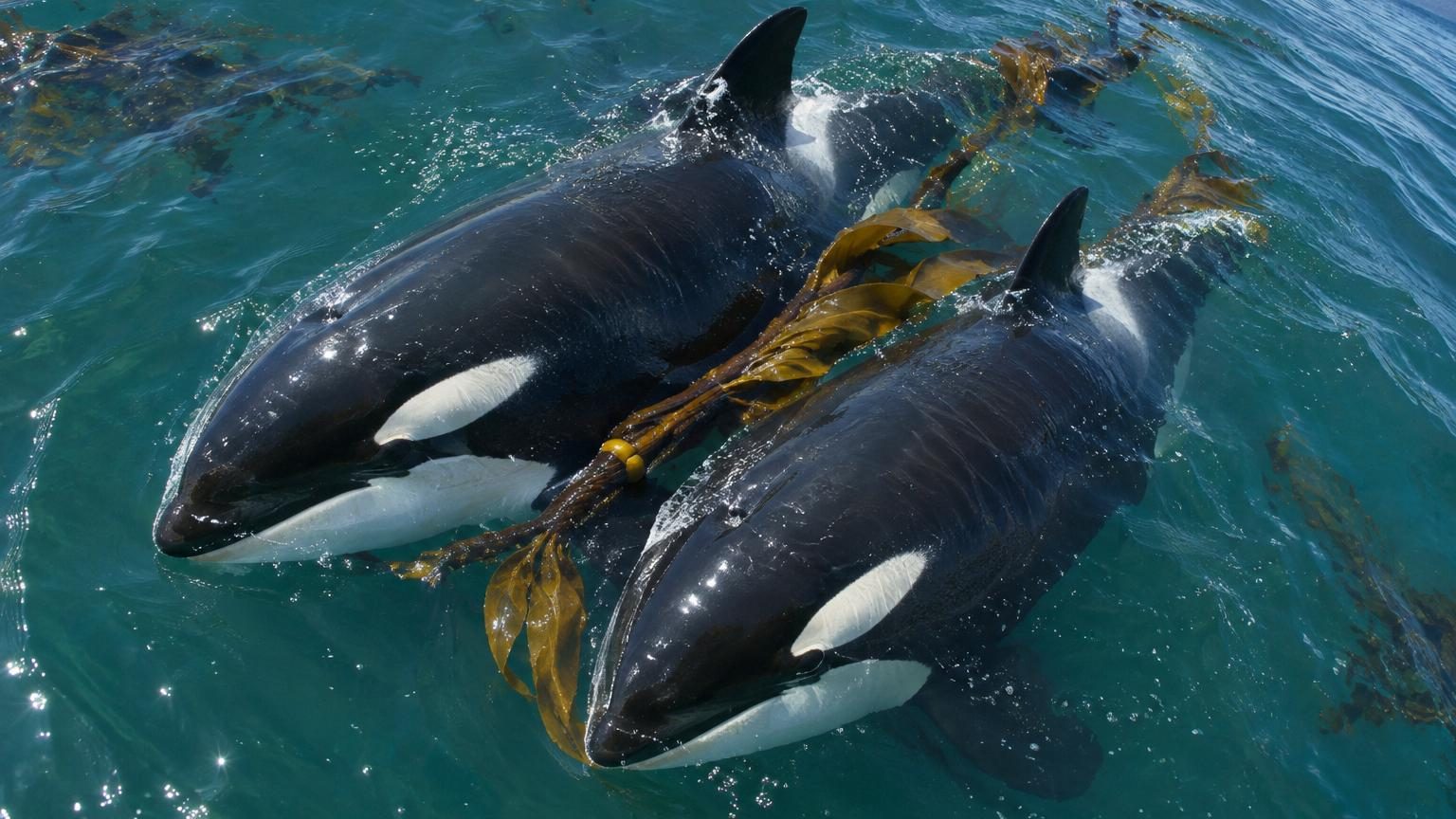Deux orques noires et blanches en contact étroit dans l'eau, une tige d'algue brune coincée entre leurs flancs lors d'une séance de massage mutuel.