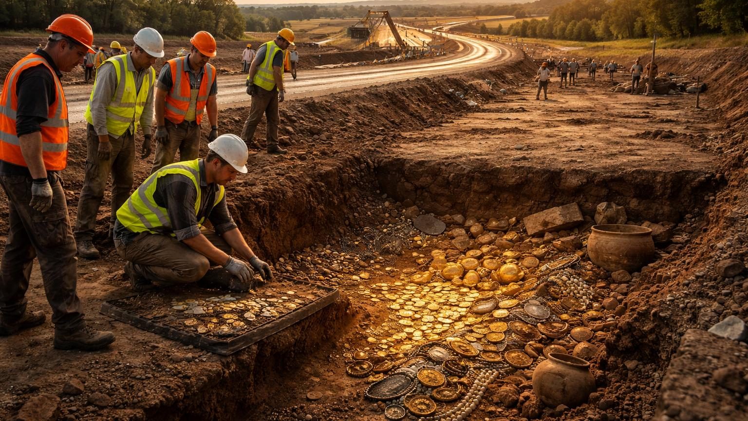 Des ouvriers creusent le tracé d&rsquo;une autoroute : 2 200 ans plus tard, des centaines de trésors en or refont surface