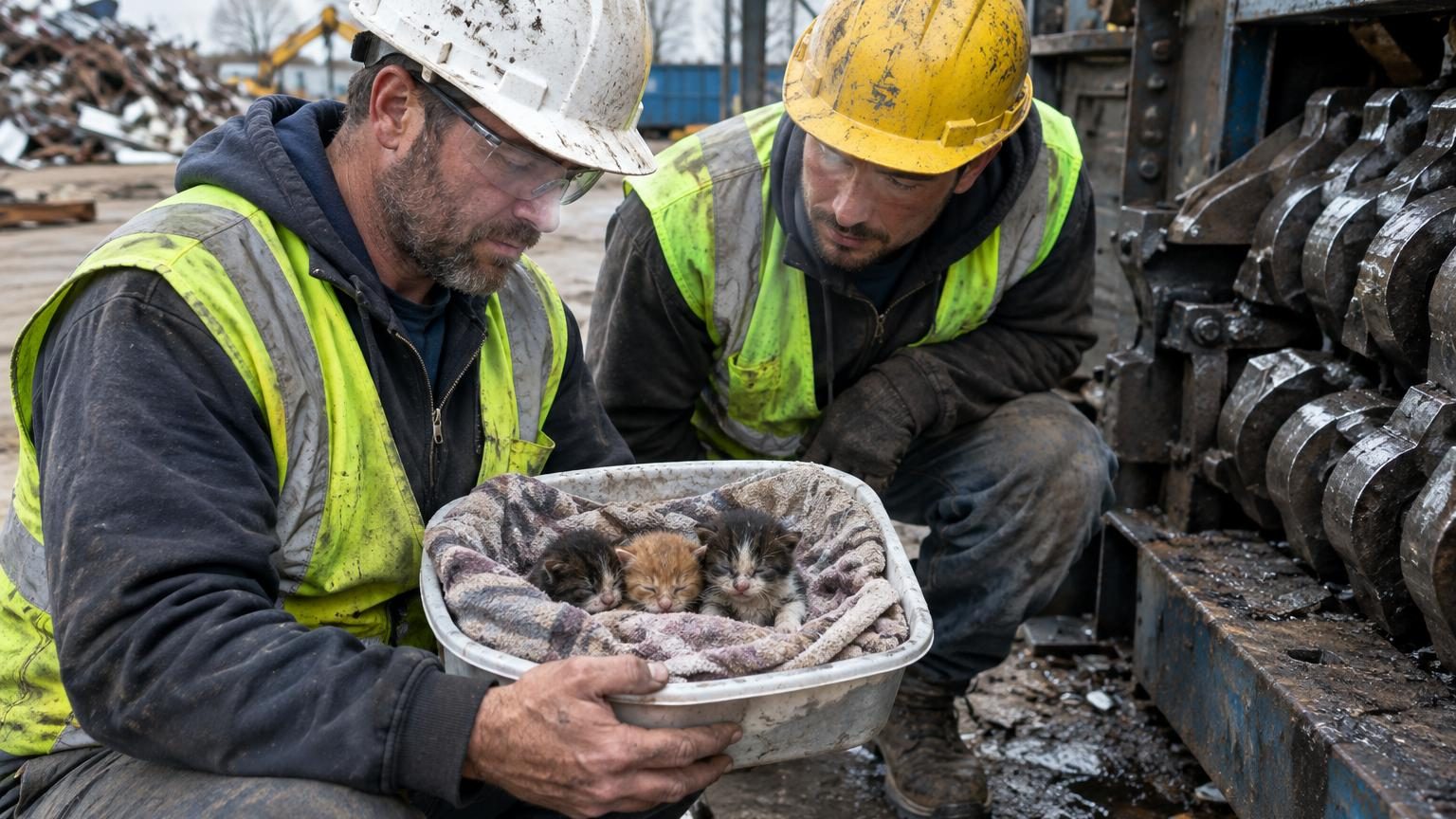 Trois minuscules chatons aux yeux fermés, couverts de poussière, extraits d'une broyeuse industrielle sur un site de maintenance.