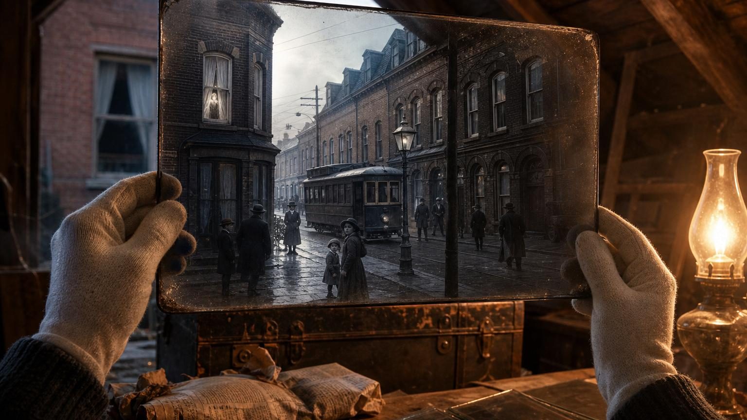 Plaques de verre épaisses et froides avec images en noir et blanc montrant une rue pavée de 1905, une silhouette pâle visible à une fenêtre du premier étage.