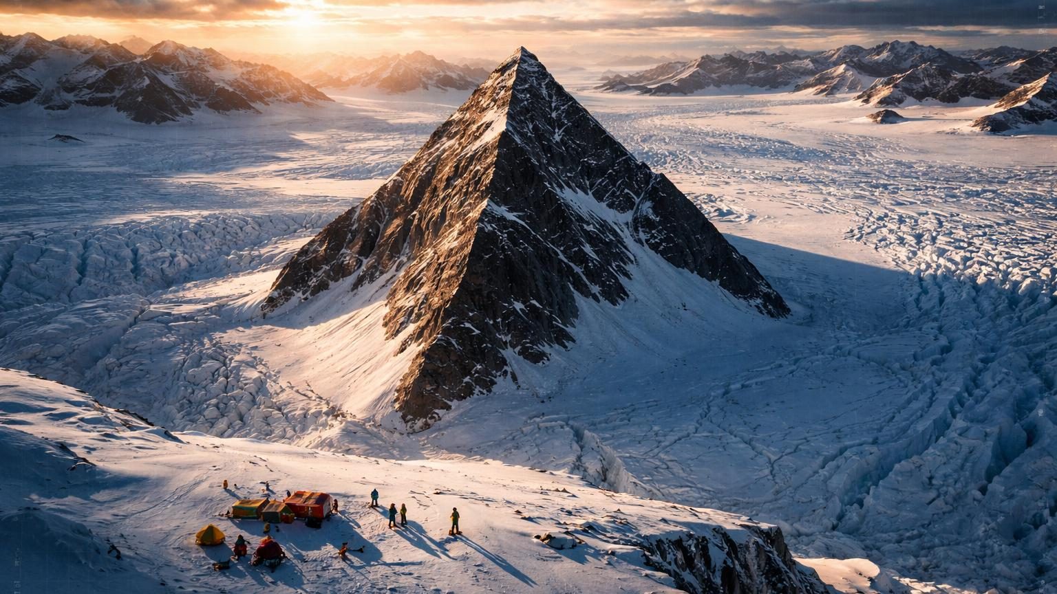 Sommet rocheux triangulaire émergeant d'une vaste calotte glaciaire blanche en Antarctique, photographié depuis le ciel