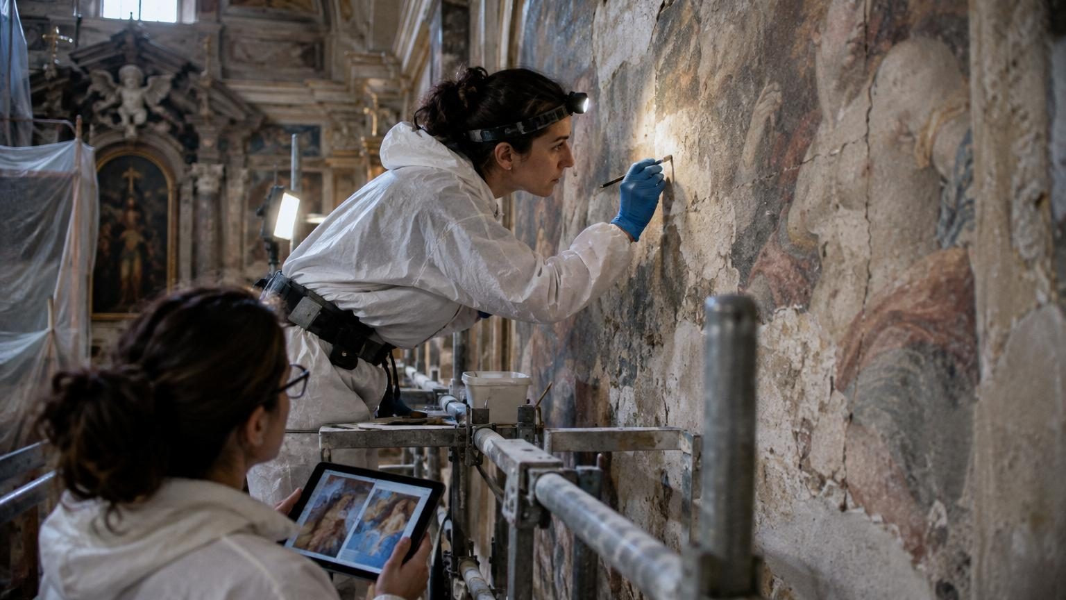 Fresque Renaissance représentant des figures mythologiques et religieuses sur les murs intérieurs de la Villa Silvestri Rivaldi à Rome, partiellement restaurée pour révéler les nus antiques autrefois cachés.