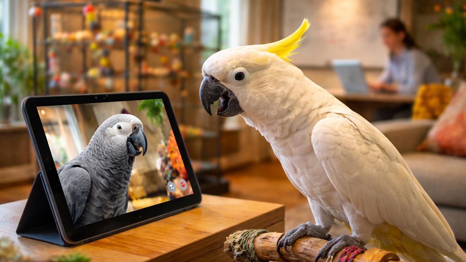 Deux perroquets colorés visibles sur un écran tactile d'une tablette, se regardant pendant un appel vidéo en direct, symbolisant l'interaction sociale à distance.