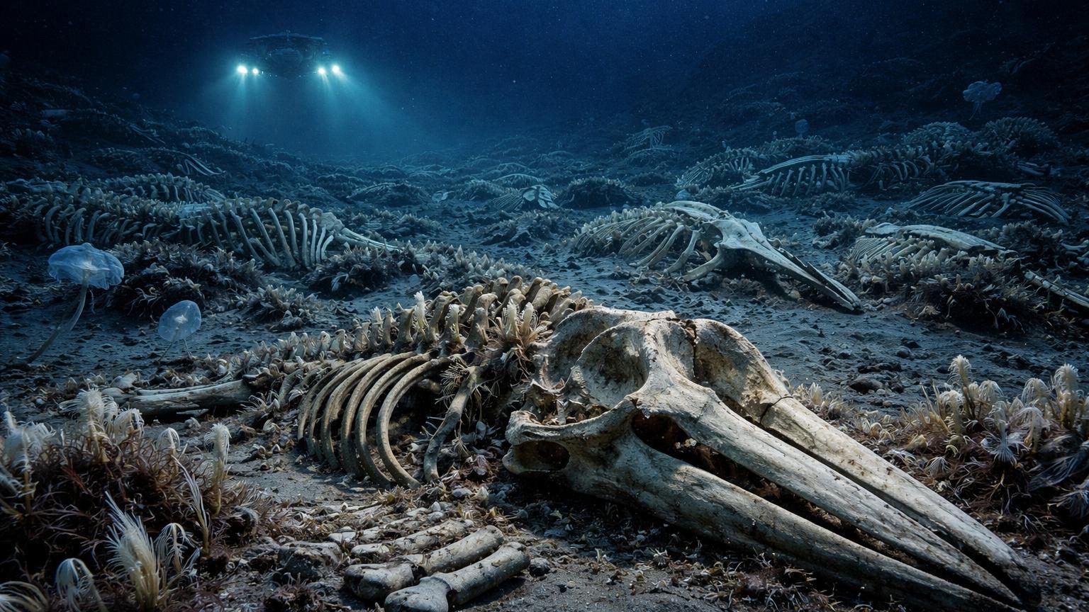 Illustration d'une vallée sous-marine profonde parsemée de squelettes et crânes de baleines fossilisés, entourés d'organismes marins luminescents dans l'obscurité abyssale.