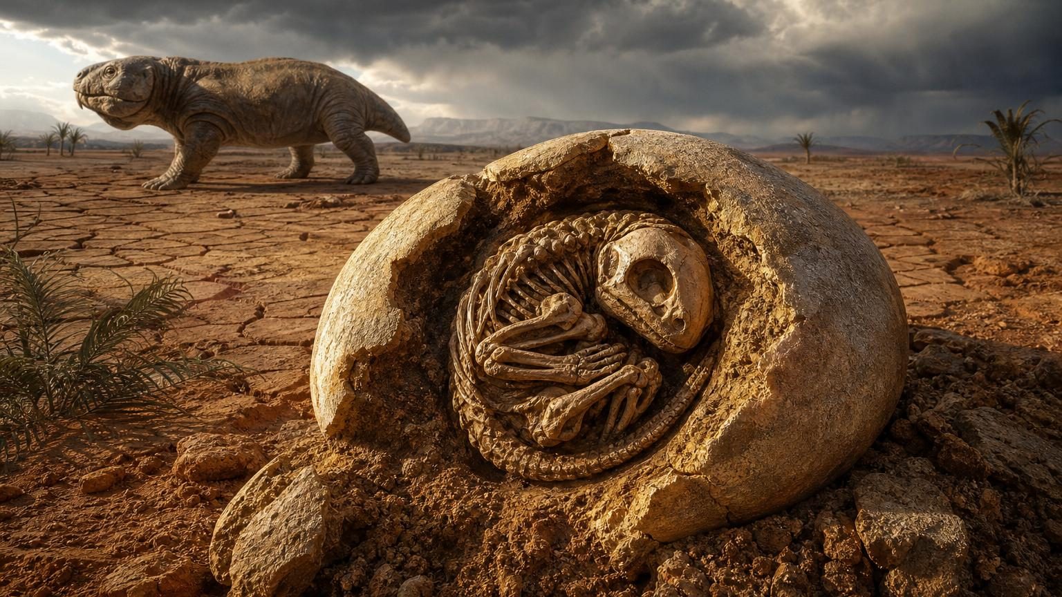 Représentation artistique d'un embryon de Lystrosaurus fossilisé, recroquevillé dans son œuf préhistorique, un petit animal vertébré préhistorique.