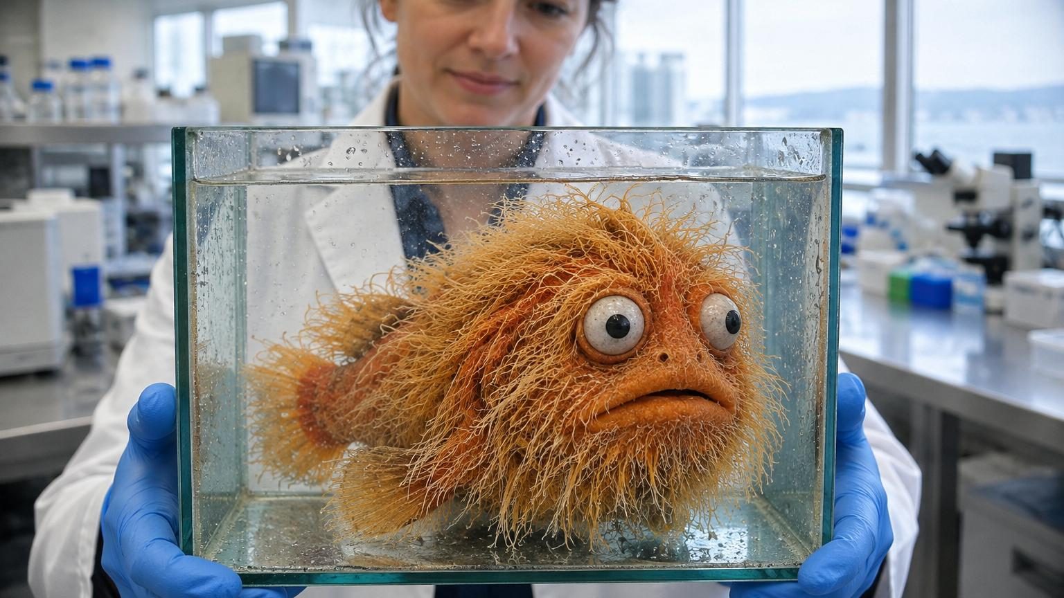 Minuscule poisson rouge-orangé de 2 à 3,5 centimètres couvert de longs filaments ressemblant à des poils, camouflé parmi les algues rouges d'un récif corallien.