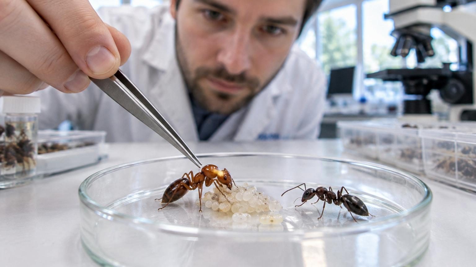 Colonie de fourmis granivores en gros plan, montrant des ouvrières transportant des graines, avec certains individus présentant des nuances visuelles différentes symbolisant les clones génétiques.