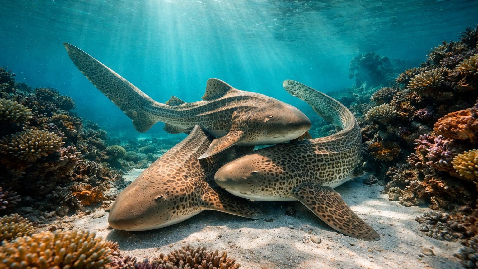 Trois requins léopards indo-pacifiques en interaction reproductive en eau libre, deux mâles participant à l'accouplement avec une femelle.