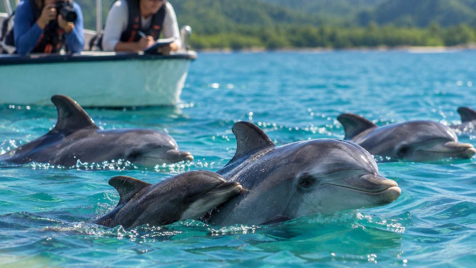 Une femelle grand dauphin nage aux côtés d'un jeune baleineau à tête de melon en Polynésie française, entourée d'autres dauphins dans l'eau bleue, illustrant l'adoption interspécifique rare observée par les scientifiques.